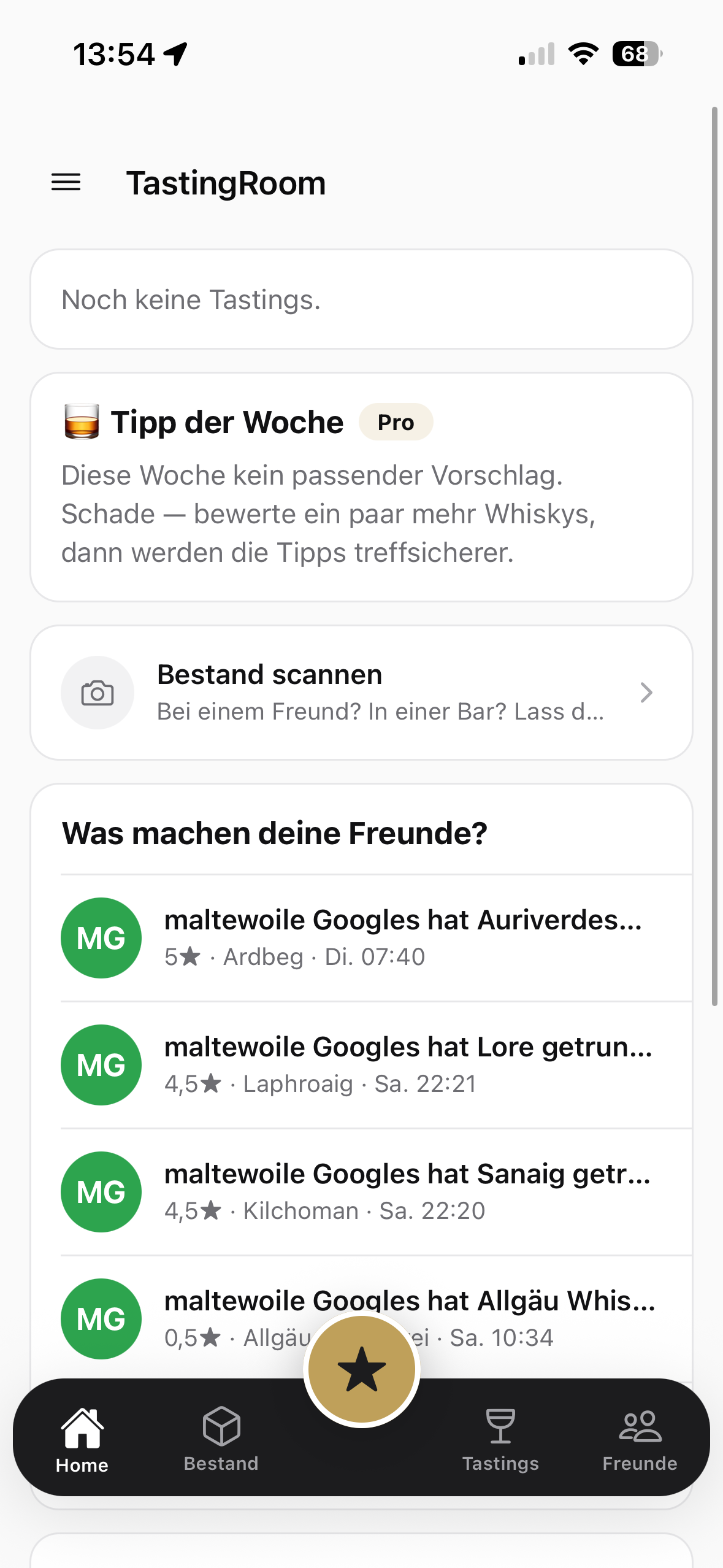 TastingRoom App – Fil d'accueil avec activités des amis